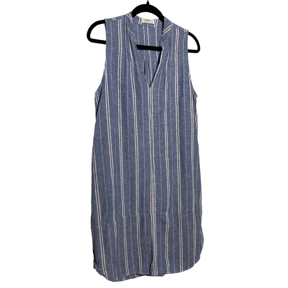 4Our Dreamers Linen Blend V-Neck Tunic Dress Blue Ivory Stripe Women's Sz Small‎